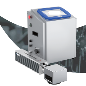 Laboratory instrument with a gray main unit, blue handle on top, red emergency button, and two attached processing modules.